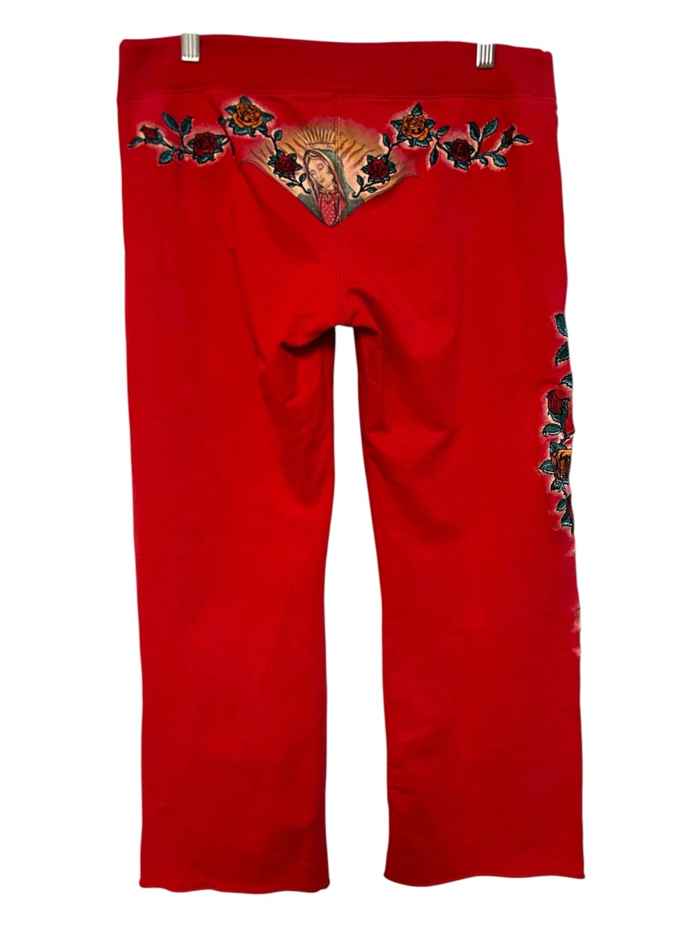 Y2K lucky brand XS-M cropped sweatpants embroidered roses Virgin Mary tattoo art